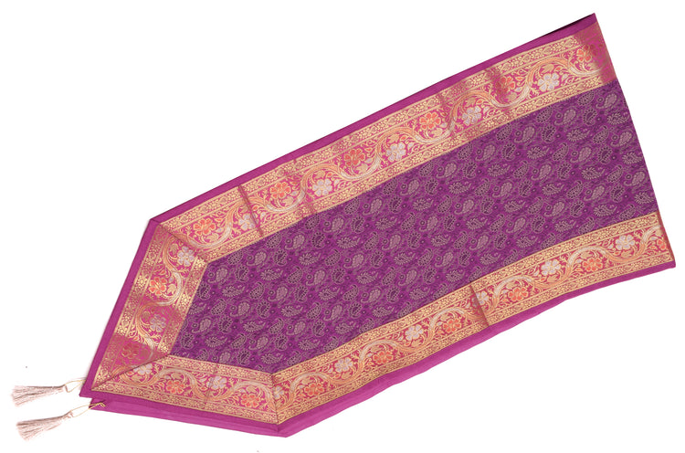 Purple Indian Banarasi Silk Brocade Paisley Table Runner Dining Decor Cloth