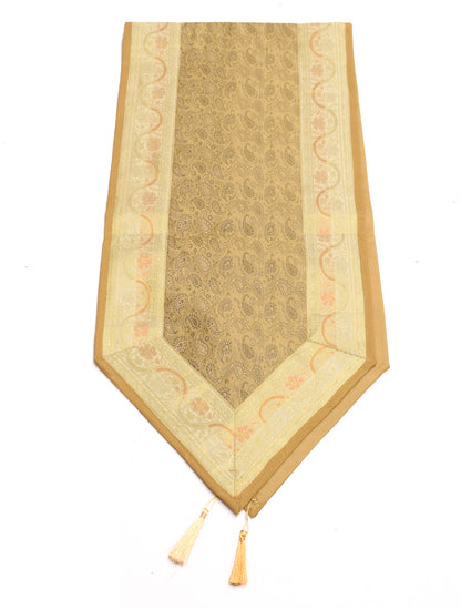 Table Runner Light Brown Indian Banarasi Silk Brocade Paisley Dining Decor Cloth