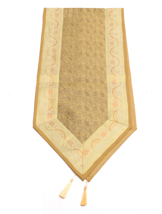 Table Runner Light Brown Indian Banarasi Silk Brocade Paisley Dining Decor Cloth