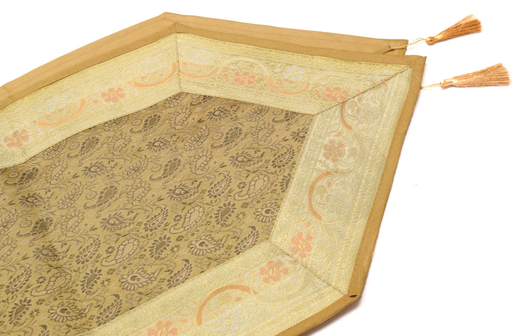 Light Brown Indian Banarasi Silk Brocade Paisley Table Runner Dining Decor Cloth