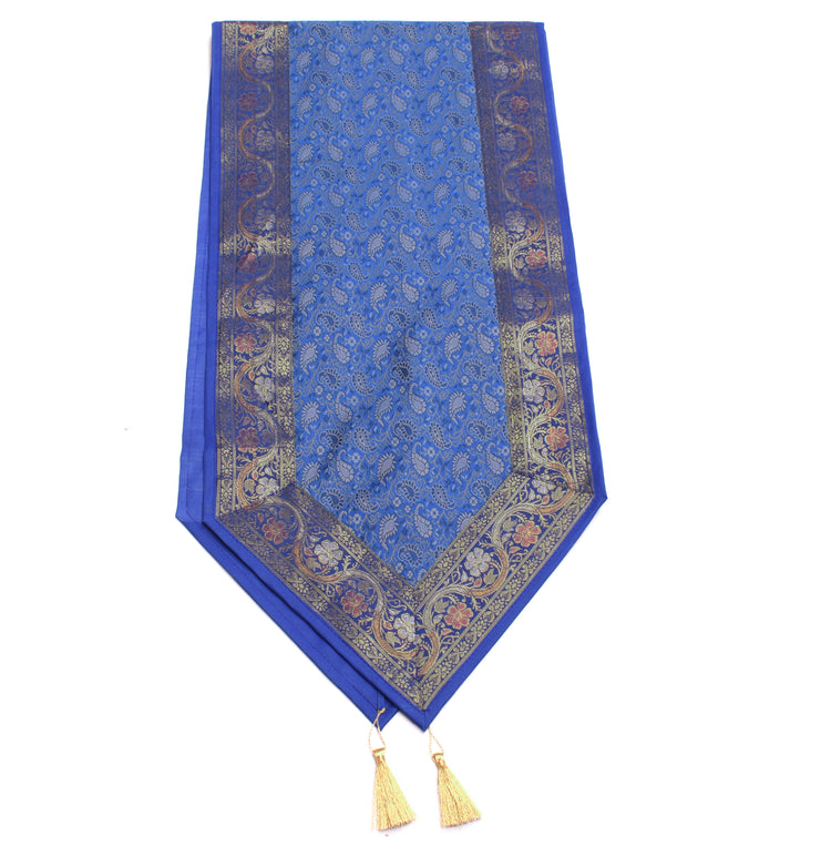 Blue Table Runner Indian Banarasi Silk Brocade Paisley  Dining Home Decor Cloth