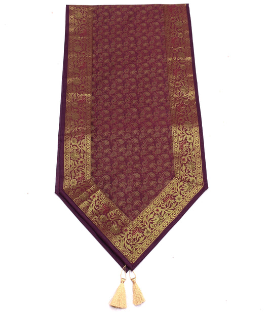 Purple Table Runner Dining Decor Indian Banarasi Silk Brocade Paisley Home Cloth