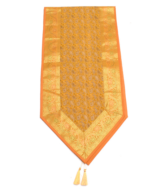 Mustard Indian Banarasi Silk Brocade Paisley Table Runner Dining Decor Cloth