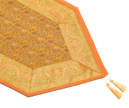 Mustard Table Runner Indian Banarasi Silk Brocade Paisley Dining Decor Cloth