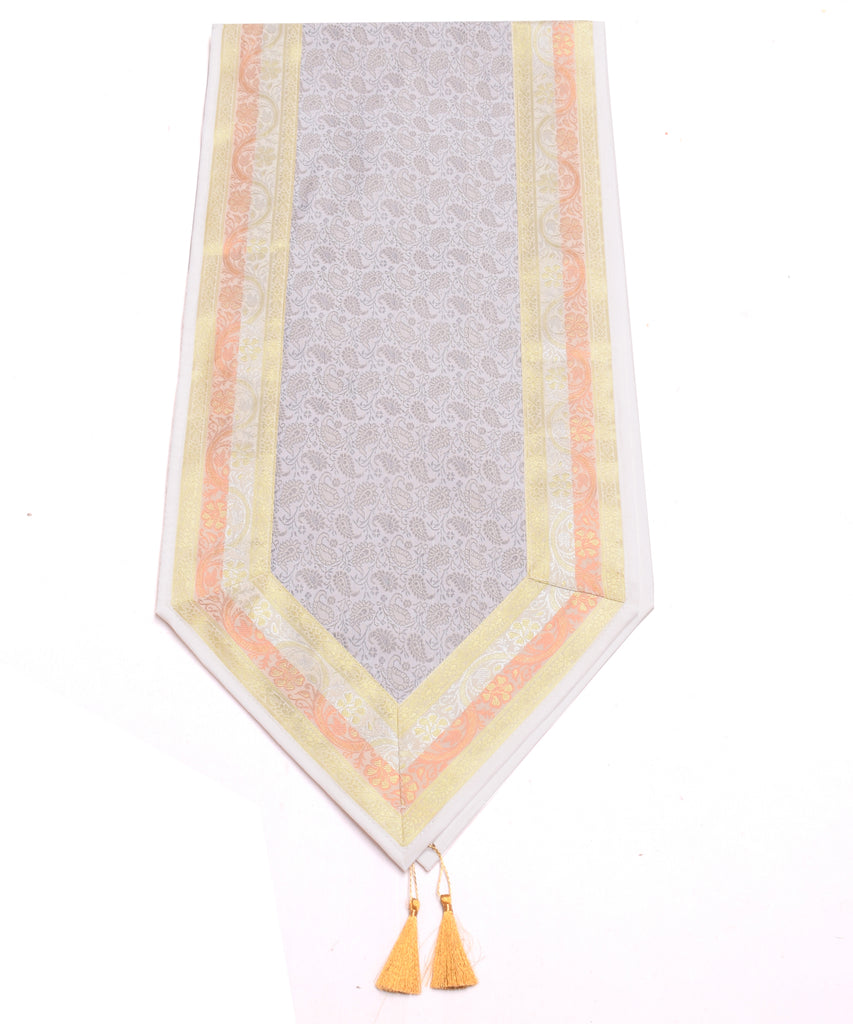 White Table Runner Indian Banarasi Silk Brocade Paisley Dining Decor Gift Cloth