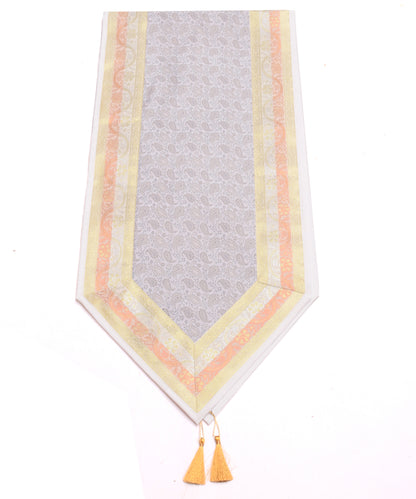 White Table Runner Indian Banarasi Silk Brocade Paisley Dining Decor Gift Cloth