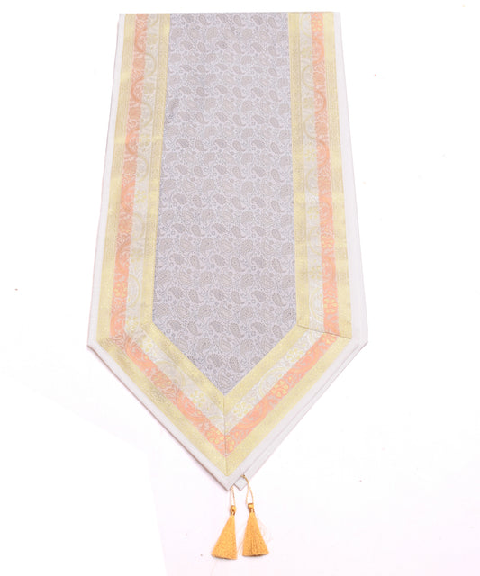 White Table Runner Indian Banarasi Silk Brocade Paisley Dining Decor Gift Cloth