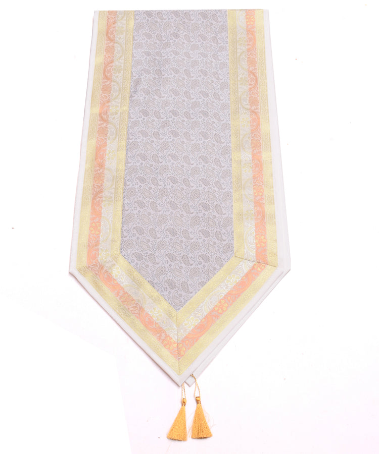 White Indian Banarasi Silk Brocade Paisley Table Runner Dining Decor Cloth