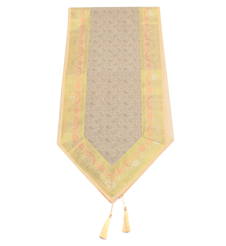 Cream Table Runner Indian Banarasi Silk Brocade Paisley Home Dining Decor Cloth