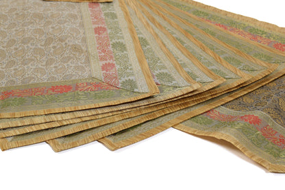 13 PC Table Runner Dining Gray Cream Indian Banarasi Silk Brocade Paisley Cloth
