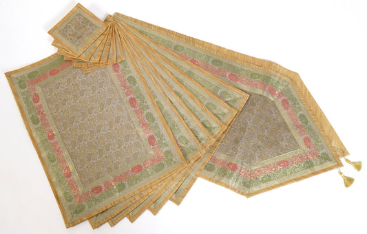 13 PC Table Runner Dining Gray Cream Indian Banarasi Silk Brocade Paisley Cloth