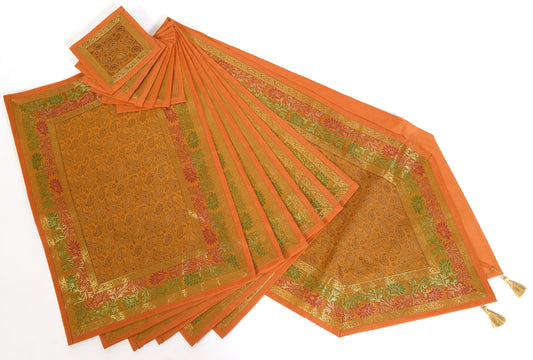13P Table Runner Mustard Indian Banarasi Silk Brocade Paisley Dining Decor Cloth