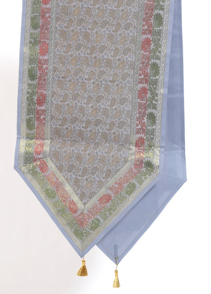 13 PC Light Gray Table Runner Indian Banarasi Silk Brocade Paisley Dining Cloth