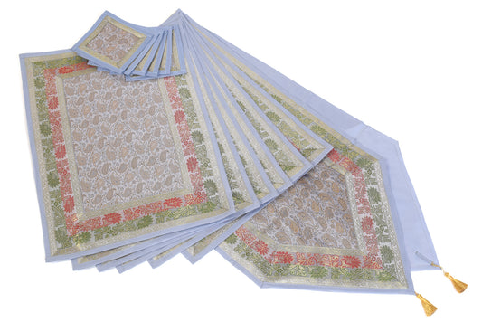 13 PC Light Gray Table Runner Indian Banarasi Silk Brocade Paisley Dining Cloth