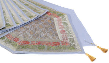 13 PC Light Gray Table Runner Indian Banarasi Silk Brocade Paisley Dining Cloth