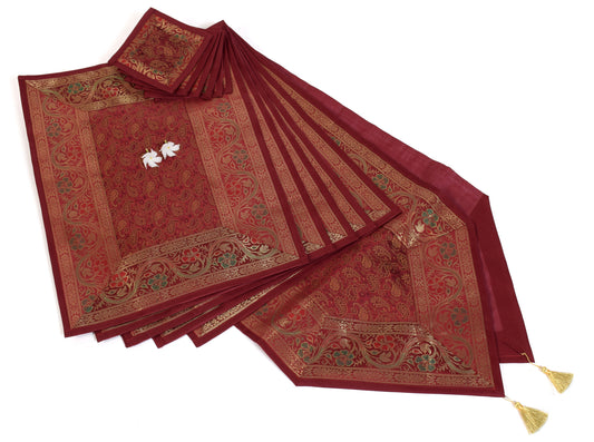 13PC Maroon Table Runner Dining Decor Banarasi Silk Brocade Paisley Indian Cloth