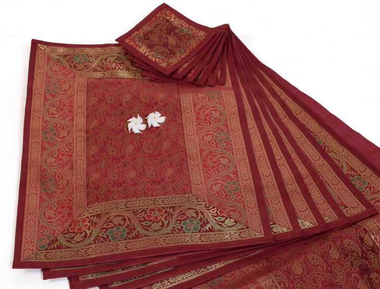 13PC Maroon Indian Banarasi Silk Brocade Paisley Table Runner Dining Decor Cloth