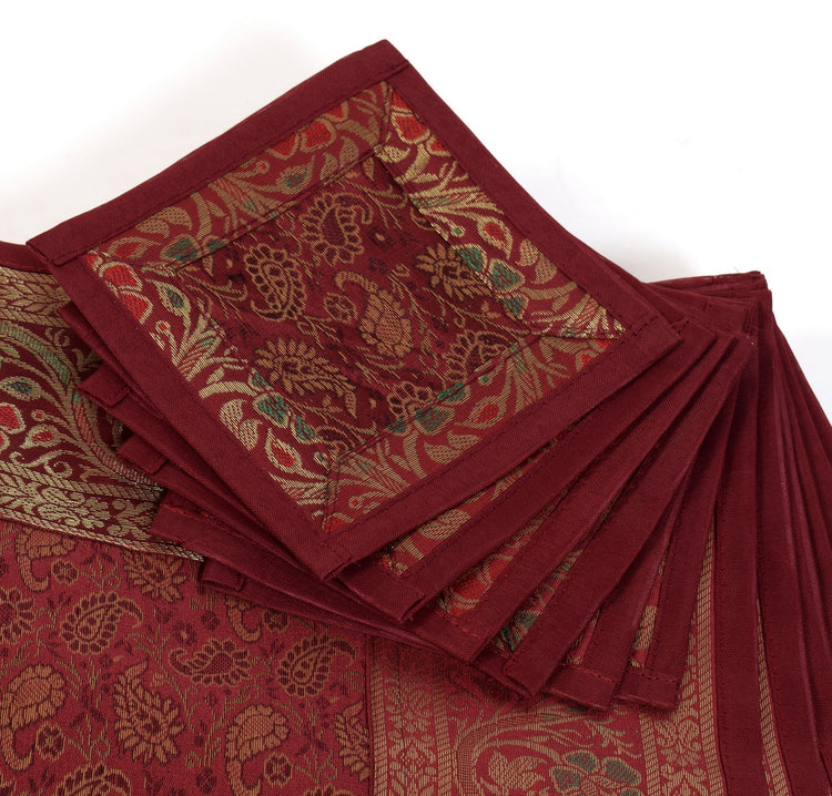 13PC Maroon Indian Banarasi Silk Brocade Paisley Table Runner Dining Decor Cloth