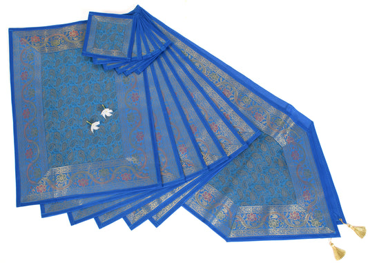 13 PC Blue Table Runner Dining Decor Banarasi Silk Brocade Paisley Gift Cloth