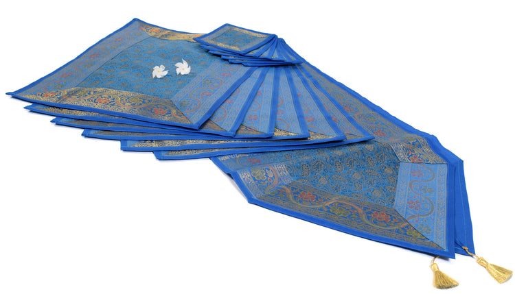 13 PC Blue Indian Banarasi Silk Brocade Paisley Table Runner Dining Decor Cloth