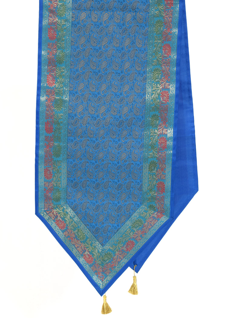 13 PC Blue Indian Banarasi Silk Brocade Paisley Table Runner Dining Decor Cloth
