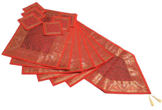 13 PC Red Table Runner Indian Banarasi Silk Brocade Paisley Dining Decor Cloth