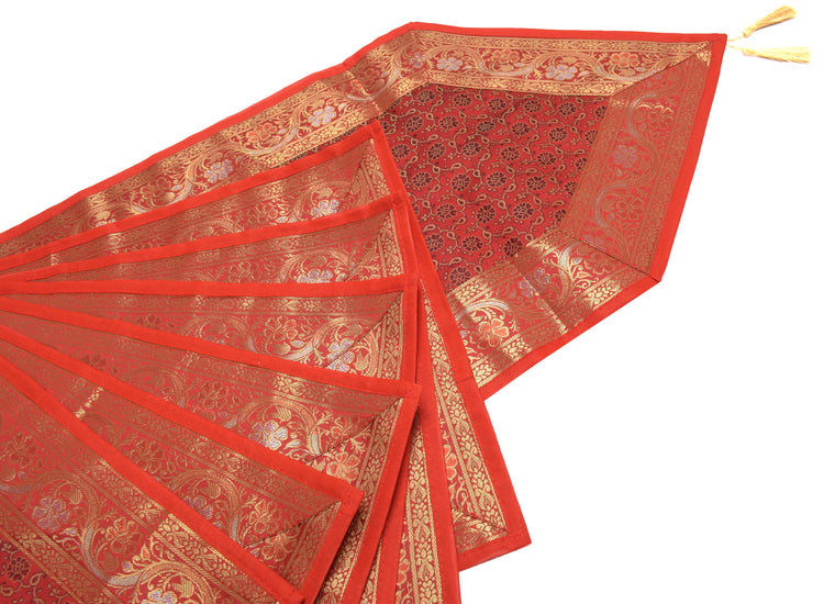 13 PC Red Indian Banarasi Silk Brocade Paisley Table Runner Dining Decor Cloth