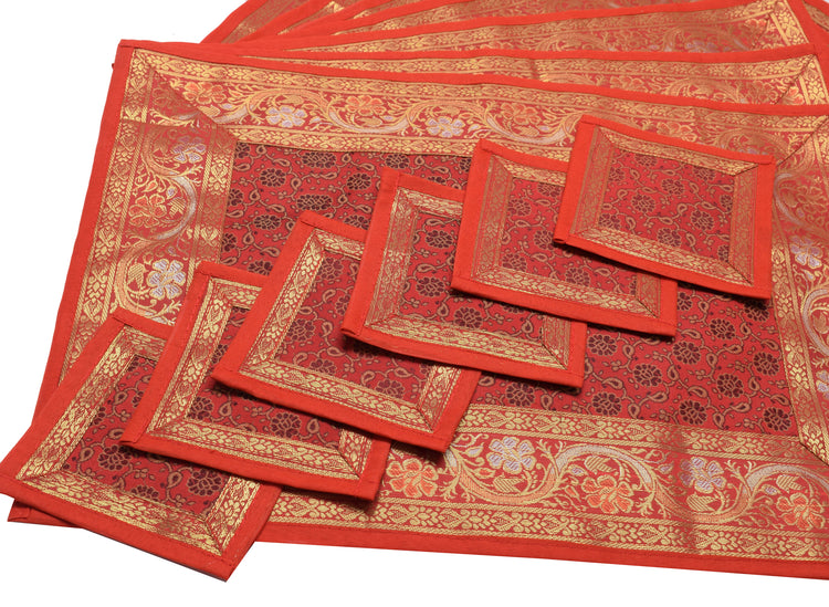 13 PC Red Table Runner Indian Banarasi Silk Brocade Paisley Dining Decor Cloth