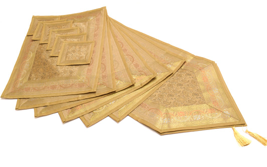 13 PC Table Runner Dining Decor Indian Banarasi Silk Brocade Paisley Brown Cloth