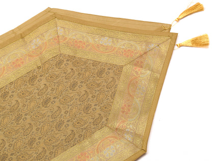13 PC Table Runner Dining Decor Indian Banarasi Silk Brocade Paisley Brown Cloth