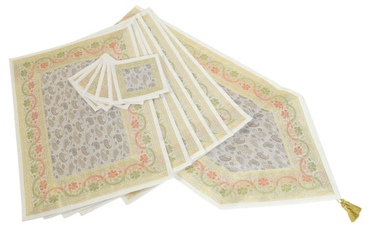 13 PC Table Runner White Indian Banarasi Silk Brocade Paisley Decor Dining Cloth