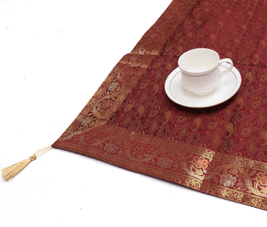 48 Sq  Dining Table Top Cover Indian Banarasi Silk Woven Paisley Cloth Maroon