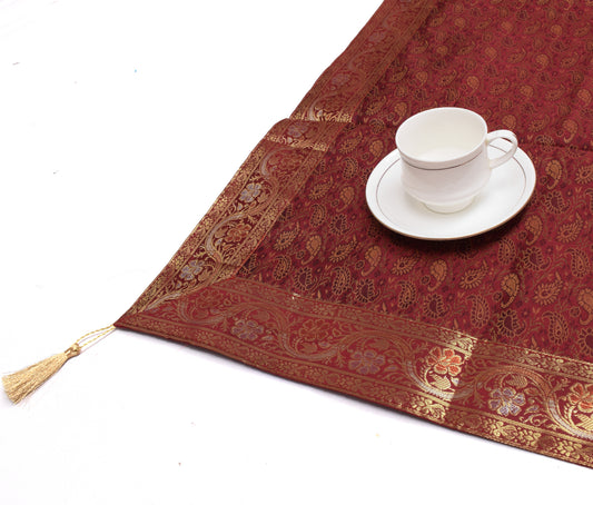 48 Sq Indian Banarasi Silk Woven Paisley Dining Table Top Cover Cloth Maroon