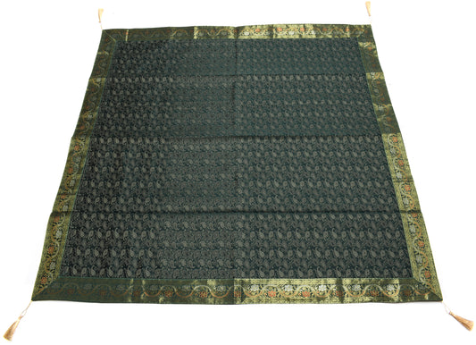 48 Sq Dining Table Top Cover Banarasi Silk Woven Paisley Homedecor Cloth Green