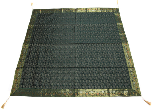 48 Square Indian Banarasi Silk Woven Paisley Dining Table Top Cover Cloth Green