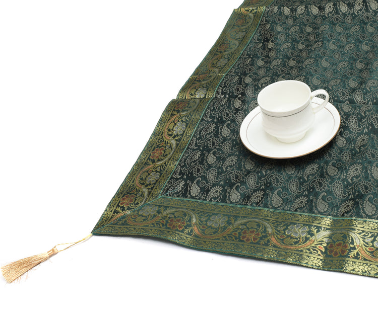 48" Square Indian Banarasi Silk Woven Paisley Dining Table Top Cover Cloth Green